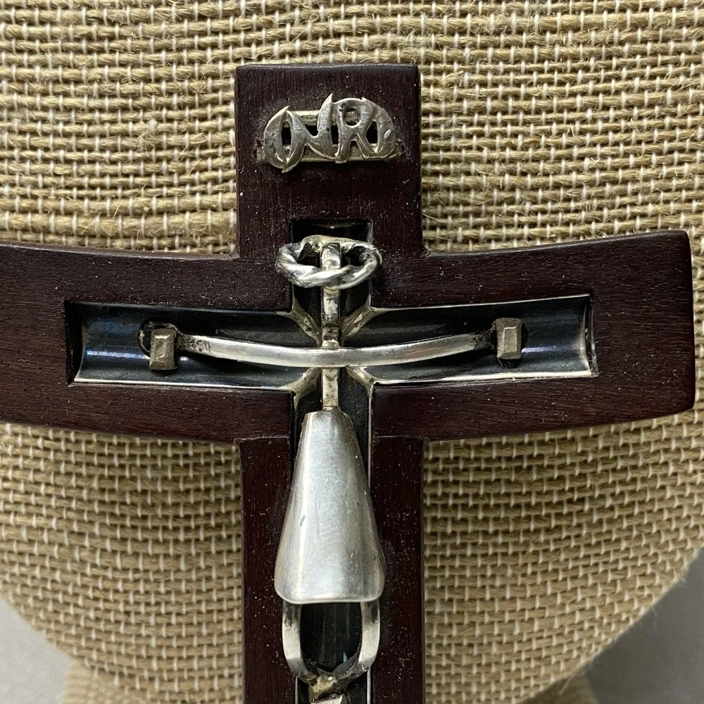 Vtg Taxco Mexico Hecho En Sterling Silver 925 Wood Cross Crucifix INRI Old Money